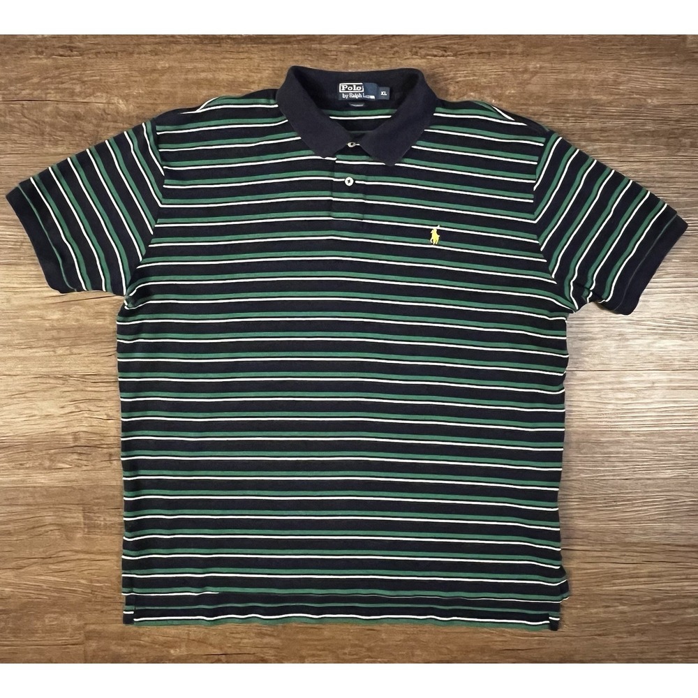 Polo Ralph Lauren Polo Shirt Mens XL Green Black Stripe Classic Short Sleeve B40